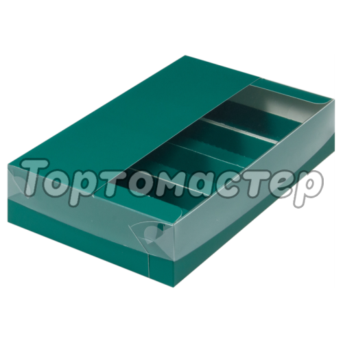 Коробка на 5 эклеров и эскимо с пластиковой крышкой Зелёная матовая 25х15х5см