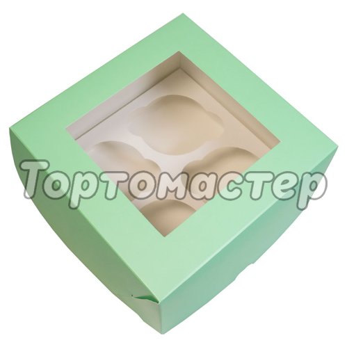 Коробка на 4 капкейка с окошком Зелёная 16х16х10 см