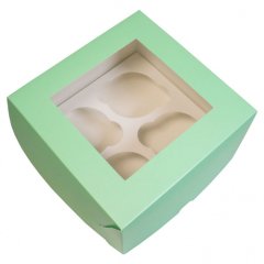 Коробка на 4 капкейка с окошком Зелёная 16х16х10 см КУ-029
