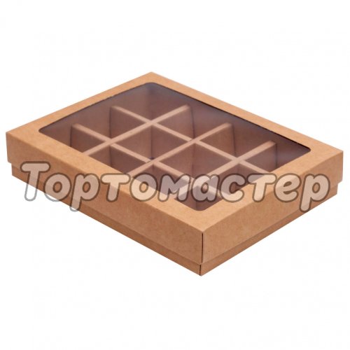 Коробка на 12 конфет с окошком Крафт 19х15х3,6 см
