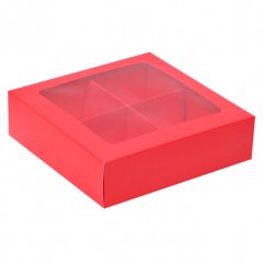 Коробка на 4 конфеты с окошком Красная 12,6х12,6х3,5 см